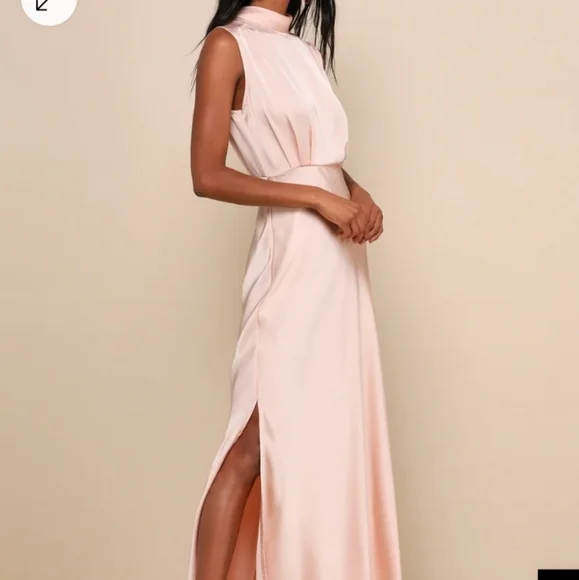 Lulus Classic Elegance Blush Satin Sleeveless Mock Neck Maxi Dress Pink - Size M - Picture 3 of 6